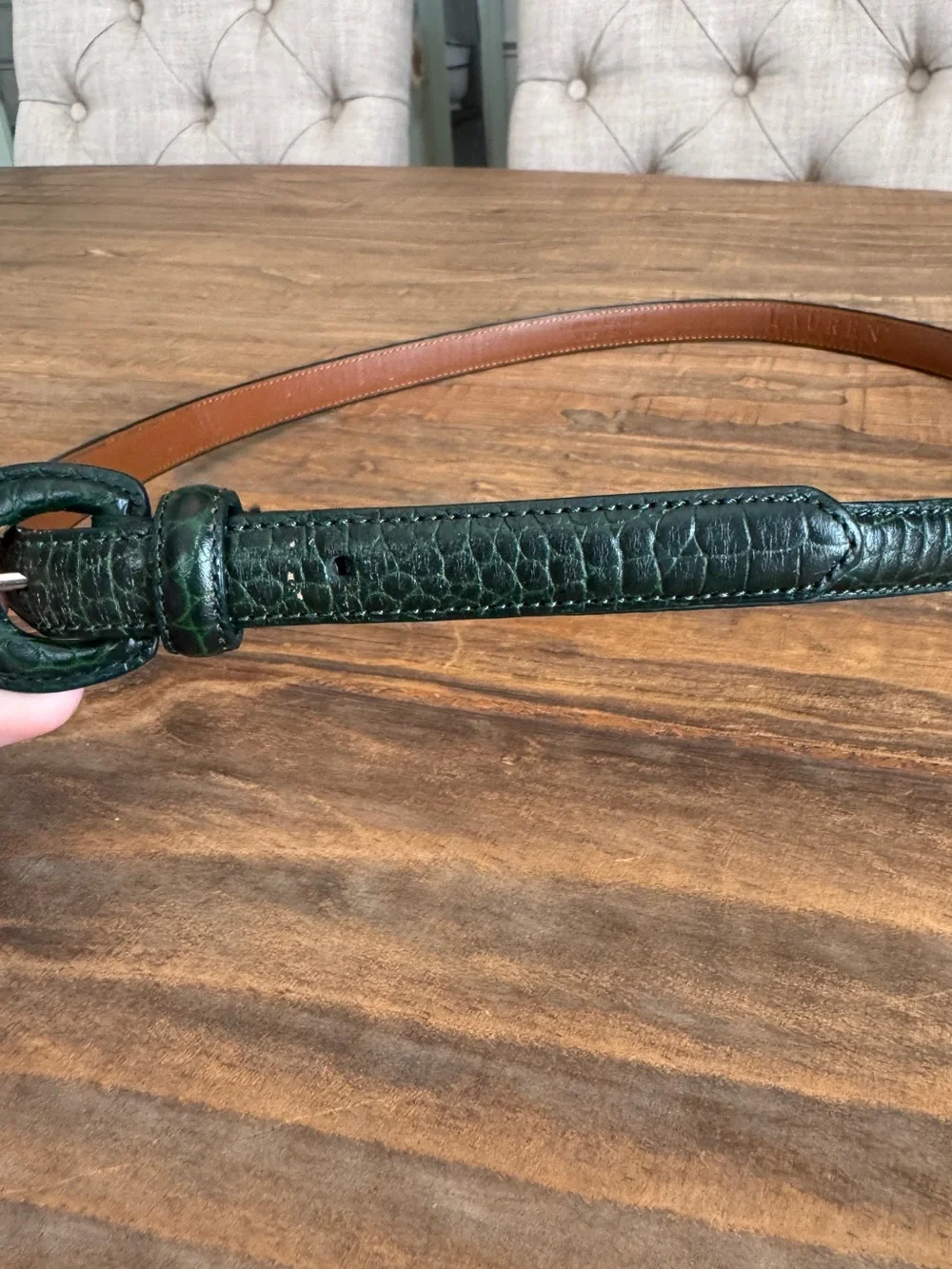 Vintage Lauren Ralph Lauren Dark Forest Green Croc Embossed Thin Belt Sz L 36